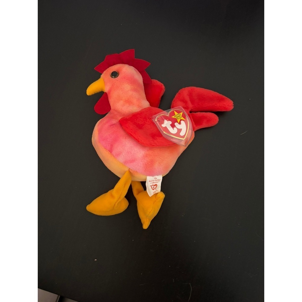 Ty Beanie Baby Strut the Rooster 1996 Pink Orange Tie Dye Plush Toy with Tags